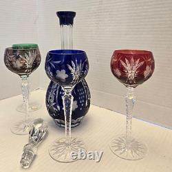 Bohemian Czech Vintage Crystal cut set wine glasses multi color, with stopper