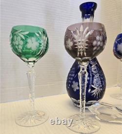 Bohemian Czech Vintage Crystal cut set wine glasses multi color, with stopper
