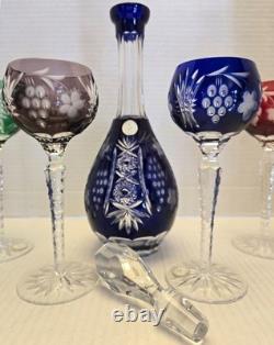 Bohemian Czech Vintage Crystal cut set wine glasses multi color, with stopper
