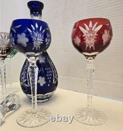 Bohemian Czech Vintage Crystal cut set wine glasses multi color, with stopper