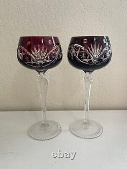 Bohemian Deep Cranberry Red to Clear Cut Crystal Pair of Wine Glasses