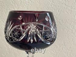 Bohemian Deep Cranberry Red to Clear Cut Crystal Pair of Wine Glasses