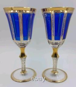 Bohemian Moser Crystal Glass Wine Water Goblet, Clear, Cobalt Blue Cabochon Gold