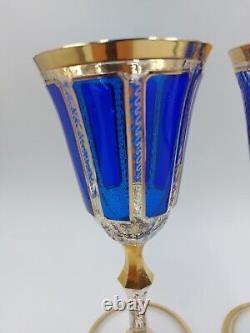 Bohemian Moser Crystal Glass Wine Water Goblet, Clear, Cobalt Blue Cabochon Gold