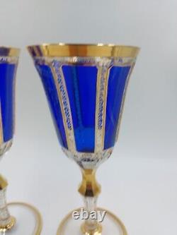 Bohemian Moser Crystal Glass Wine Water Goblet, Clear, Cobalt Blue Cabochon Gold