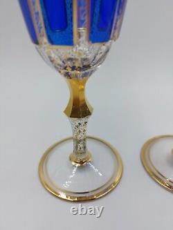 Bohemian Moser Crystal Glass Wine Water Goblet, Clear, Cobalt Blue Cabochon Gold