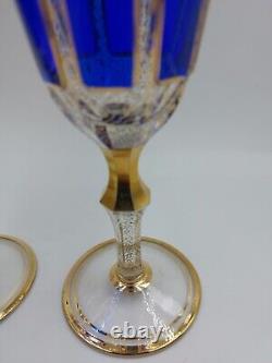 Bohemian Moser Crystal Glass Wine Water Goblet, Clear, Cobalt Blue Cabochon Gold