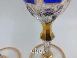 Bohemian Moser Crystal Glass Wine Water Goblet, Clear, Cobalt Blue Cabochon Gold