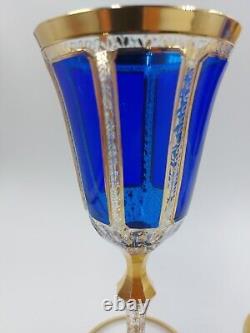 Bohemian Moser Crystal Glass Wine Water Goblet, Clear, Cobalt Blue Cabochon Gold