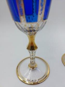 Bohemian Moser Crystal Glass Wine Water Goblet, Clear, Cobalt Blue Cabochon Gold