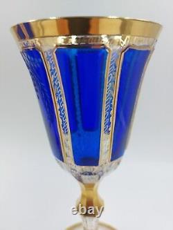 Bohemian Moser Crystal Glass Wine Water Goblet, Clear, Cobalt Blue Cabochon Gold