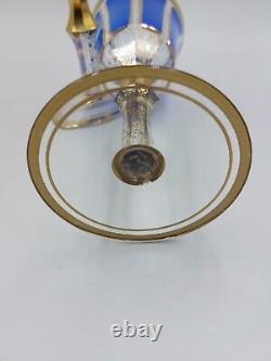 Bohemian Moser Crystal Glass Wine Water Goblet, Clear, Cobalt Blue Cabochon Gold