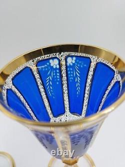 Bohemian Moser Crystal Glass Wine Water Goblet, Clear, Cobalt Blue Cabochon Gold