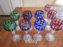 Bohemian Multi Color Cut to Clear Crystal Wine Goblets Set of Nine