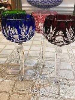 Bohemian Multi Colored Cut to Clear Crystal Wine Glass Stems Set 6