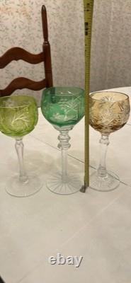 Bohemian Set of Hand Cut Color Crystal Patterned Wine Glasses x 3
