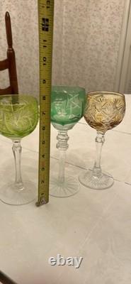 Bohemian Set of Hand Cut Color Crystal Patterned Wine Glasses x 3