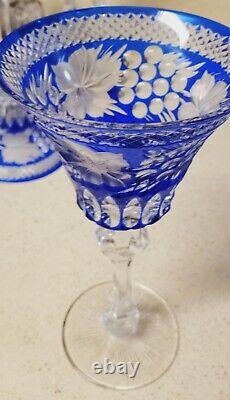 Bohemian Wine Glass 8 3/8 Cobalt Blue Cased Cut To Clear Crystal