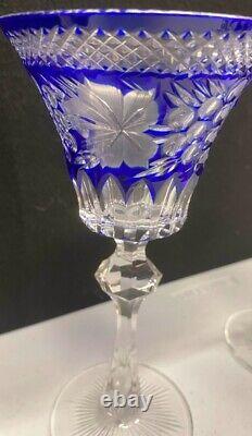 Bohemian Wine Glass 8 3/8 Cobalt Blue Cased Cut To Clear Crystal