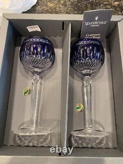 Box Set of 2 Waterford Crystal Clarendon 8 Cobalt Blue Hock Wine Glasses