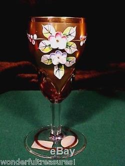 CRANBERRY Glass Decanter 6 Wine Glasses GILT HP FLOWERS Bohemia Crystal EGERMANN