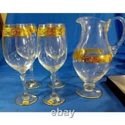 CRE ART Tuscany 24k Gold Crystal Water Goblets Wine Glasses Pitcher Cocktail Se
