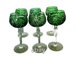 CRYSTAL WINE GLASSES/CUT TO CLEAR/GREEN/VALSAINT LAMBERT, BOHEMIAN 6 Pieces