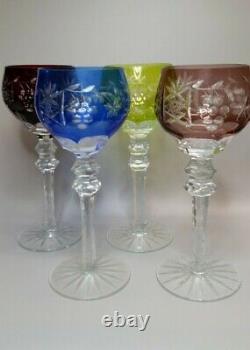 CS/4 Bohemian Crystal Cut to Clear Grapes Star Flower 4 Color Hock Wine Glasses