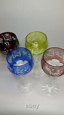 CS/4 Bohemian Crystal Cut to Clear Grapes Star Flower 4 Color Hock Wine Glasses