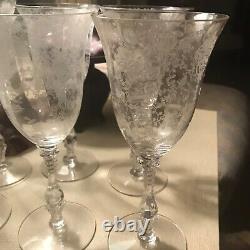 Cambridge set of 8 Rose point clear wine glasses water goblets etches rose cameo