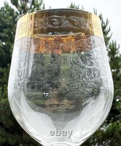Cristaleria Cristaldekor Etched Crystal Wine Glasses. Hand Blown. 24 K Gold Rim
