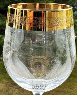 Cristaleria Cristaldekor Etched Crystal Wine Glasses. Hand Blown. 24 K Gold Rim