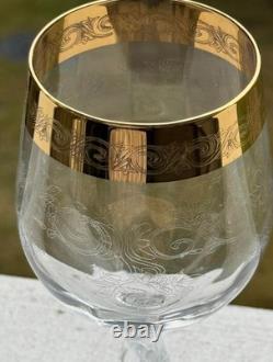 Cristaleria Cristaldekor Etched Crystal Wine Glasses. Hand Blown. 24 K Gold Rim