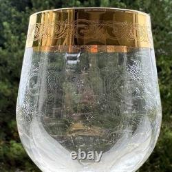 Cristaleria Cristaldekor Etched Crystal Wine Glasses. Hand Blown. 24 K Gold Rim