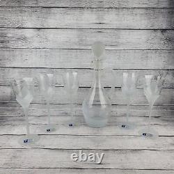 Crystal Clear Industries Romania Decanter 6pc Wine Set Goblet Stem Frosted Glass