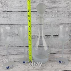 Crystal Clear Industries Romania Decanter 6pc Wine Set Goblet Stem Frosted Glass