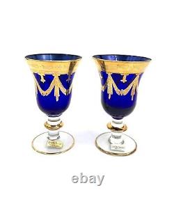 Crystal Glasses Vintage Royal Blue & Gold Italian Cobalt Set of Four