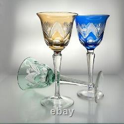 Crystal Wine Glasses Cut to Clear Amber, Cobalt, Aquamarine. Mid Century Bar