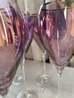 Crystal Wine Glasses Set Of 6 Purple Metallic Tint With Gold Trim 10.2 Tall