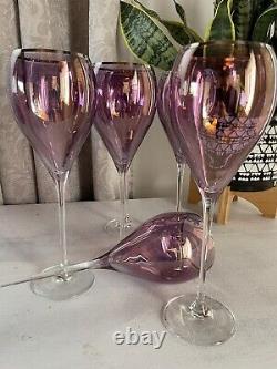 Crystal Wine Glasses Set Of 6 Purple Metallic Tint With Gold Trim 10.2 Tall