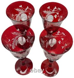 Crystal Wine Glasses, Williams Sonoma, rare Red Pinecone Cut to Clear, Four