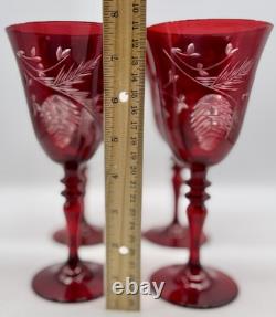 Crystal Wine Glasses, Williams Sonoma, rare Red Pinecone Cut to Clear, Four