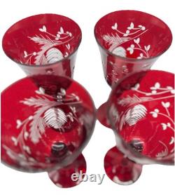 Crystal Wine Glasses, Williams Sonoma, rare Red Pinecone Cut to Clear, Four