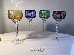 Cut to Clear Crystal Wine Hock Glasses Red Green Blue Yellow Hand Made SET of 4