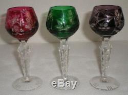 Czech Bohemian Cordial Wine Glasses Set of 6 Cut Crystal Red Yellow Green Blue