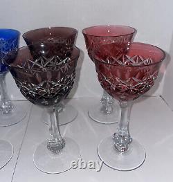 Czech Bohemian Crystal Cut to Clear Multicolor Wine Goblet Glass EUC Vintage 8pc