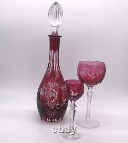Czech Bohemian Cut to Clear Multi-Colored Wine Decanter & 12 Goblets Glasses Set