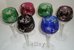 Czech Bohemian Wine Glasses Set of 6 Cut Crystal 7-1/2 Tall Red Green Blue