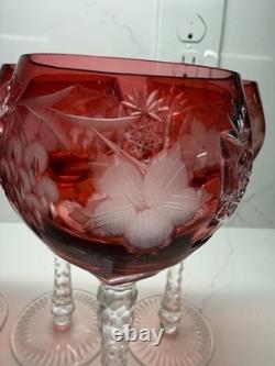 Czech Cut To Clear Red Set Of 4 Wine Goblets Plus A Spare