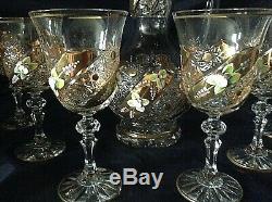 Czech bohemia crystal cut glass Wine set 6+1 decorated with gold 6x17cm + 1x